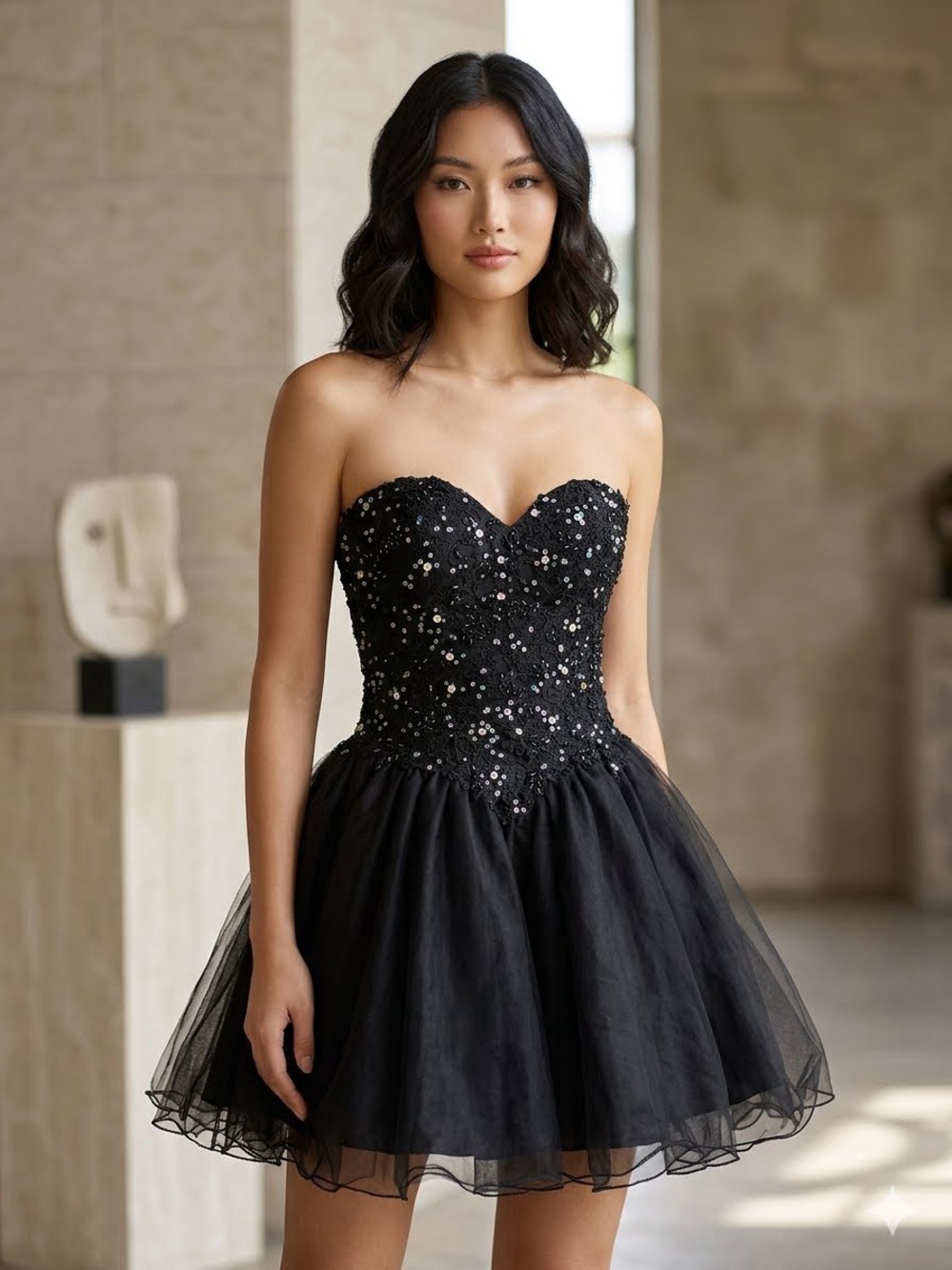 Alyce Paris Black Strapless Sequin Tulle Cocktail Dress